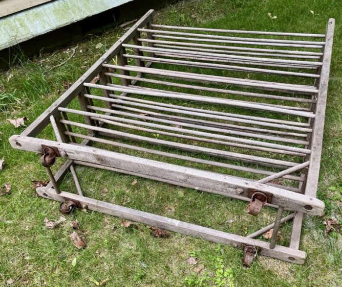 farmhouse primitive factory shoe rack bakers rack c1920 six shelves casters 5204