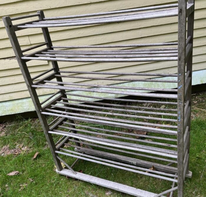 farmhouse primitive factory shoe rack bakers rack c1920 six shelves casters 5550