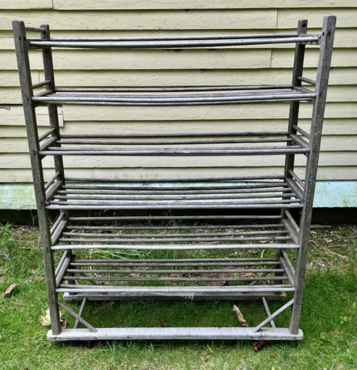 farmhouse primitive factory shoe rack bakers rack c1920 six shelves casters 6848