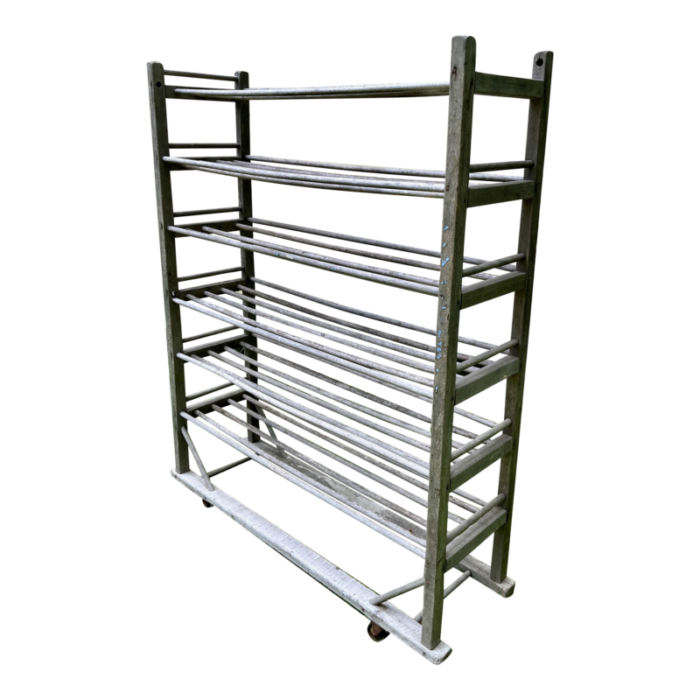 farmhouse primitive factory shoe rack bakers rack c1920 six shelves casters 9443