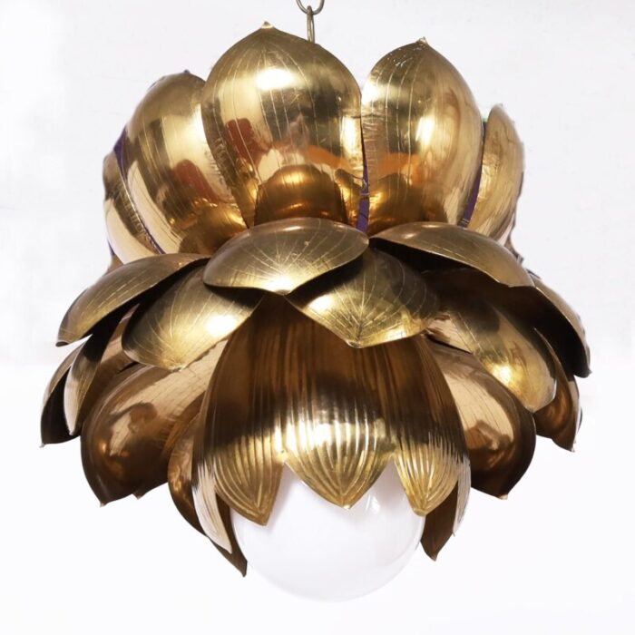 feldman large pair of mid century brass lotus light fixtures or pendants 1983