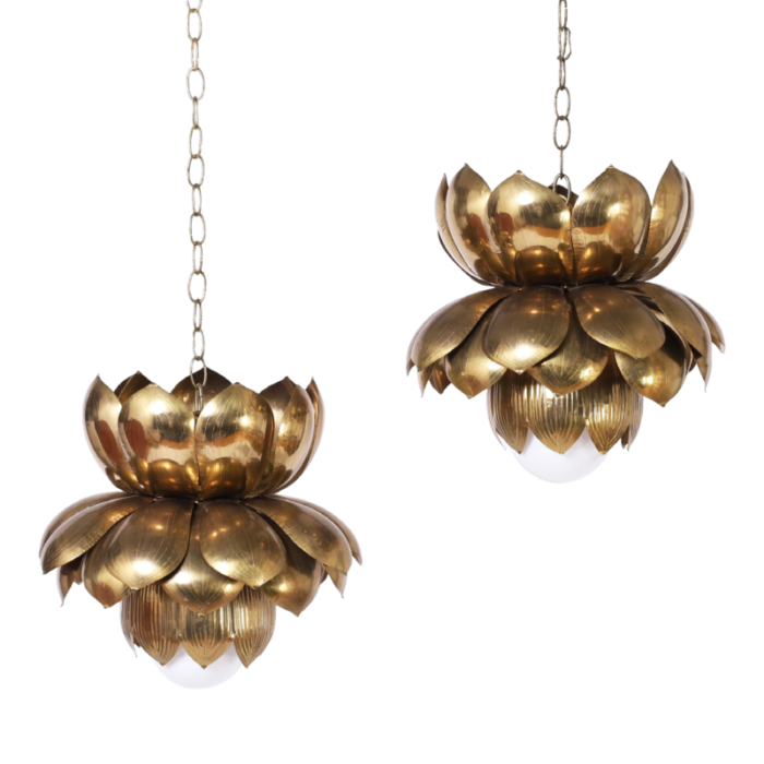 feldman large pair of mid century brass lotus light fixtures or pendants 2506