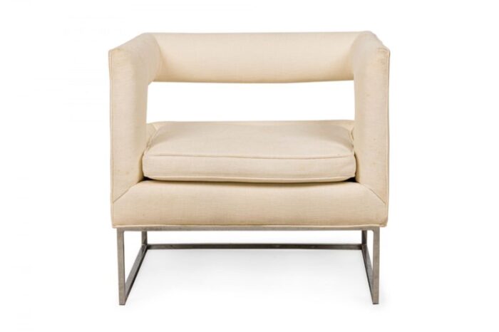 flair contemporary american chrome and beige fabric upholstered open back cube form lounge armchair 0691