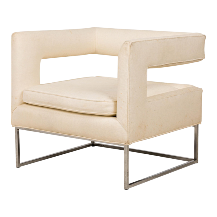 flair contemporary american chrome and beige fabric upholstered open back cube form lounge armchair 0830