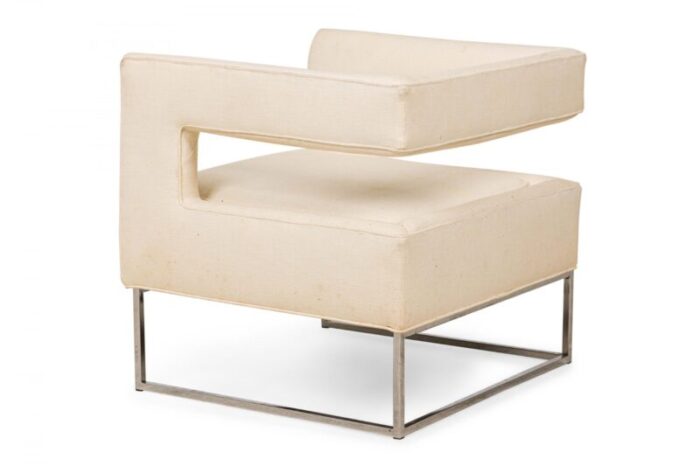 flair contemporary american chrome and beige fabric upholstered open back cube form lounge armchair 3971