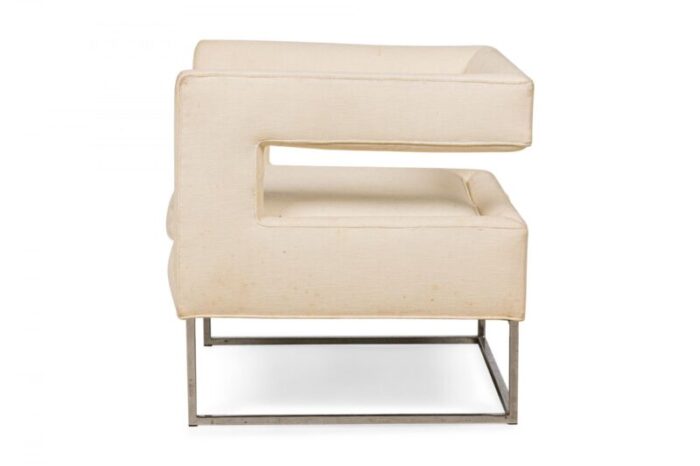 flair contemporary american chrome and beige fabric upholstered open back cube form lounge armchair 5356