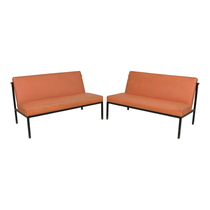 florence knoll knoll international american mid century light orange upholstered settees a pair 5404