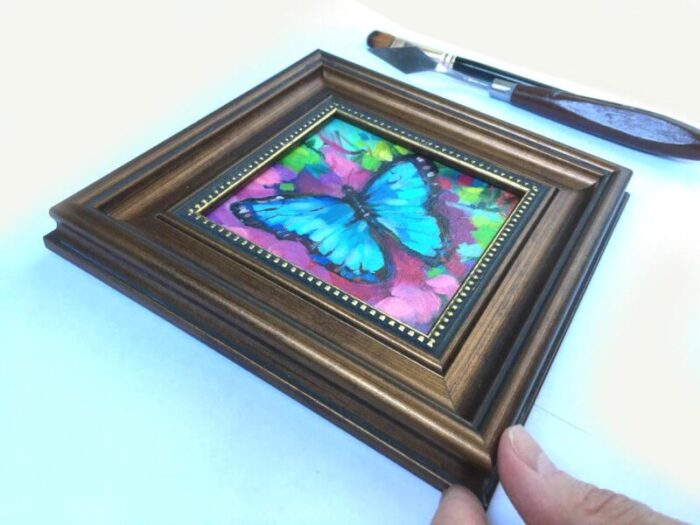 framed original small blue butterfly oil painting by valeriya serova 4271