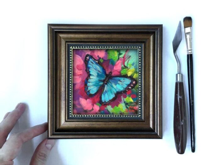 framed original small blue butterfly oil painting by valeriya serova 5093