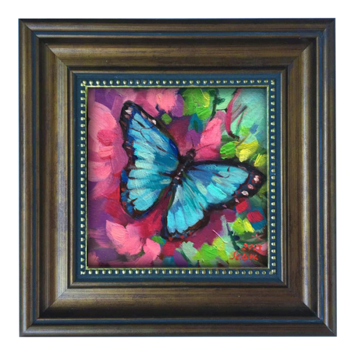 framed original small blue butterfly oil painting by valeriya serova 8272