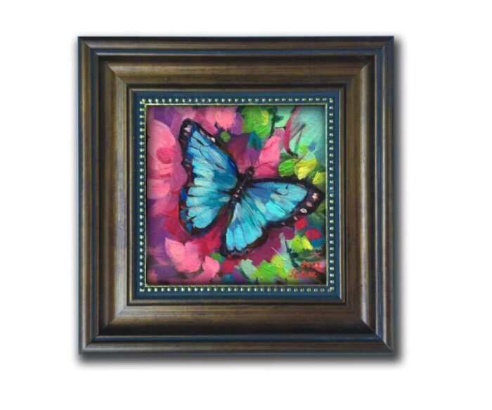 framed original small blue butterfly oil painting by valeriya serova 8732