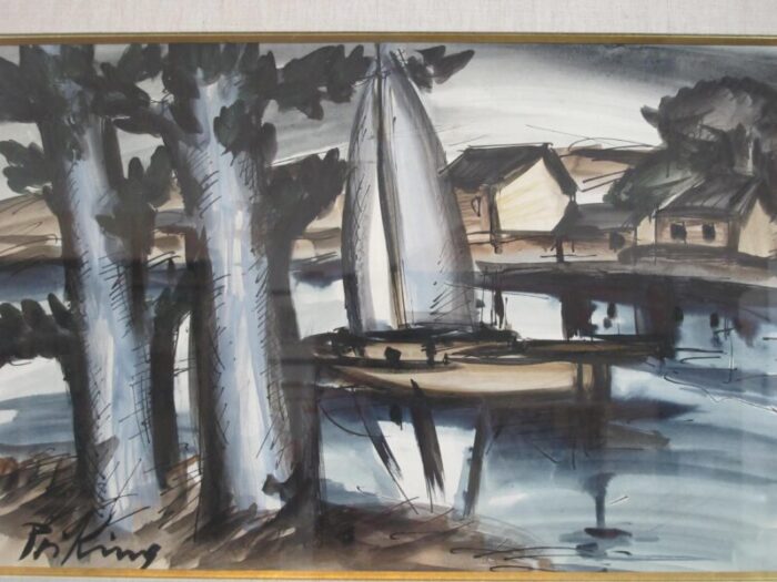 franz priking signed framed coastal ink and watercolor painting sailboat on river 4733