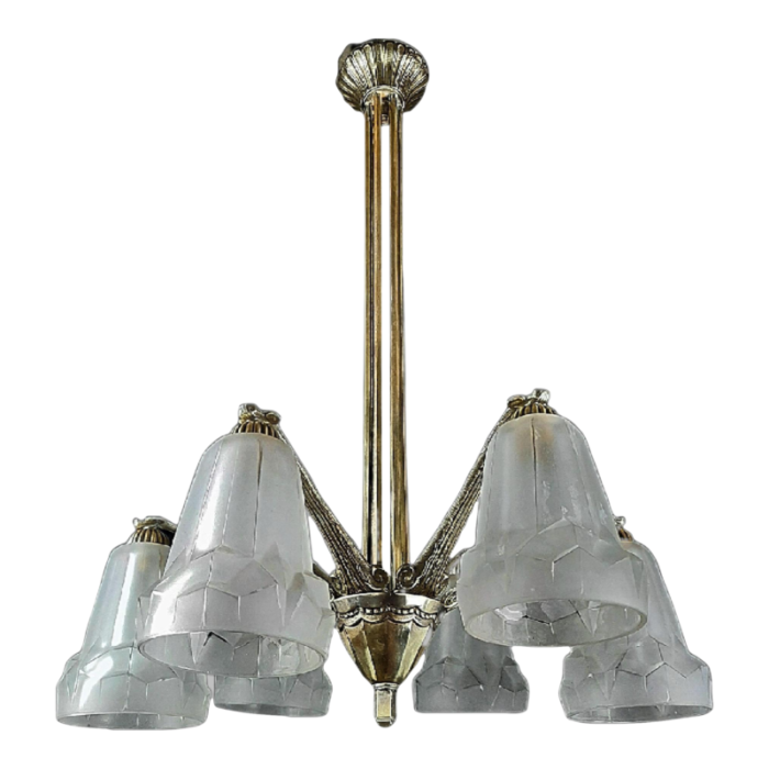 french art deco glass shades geometric design nickel plated chandelier signed degue restored rewired vintage original france 1930s 1828