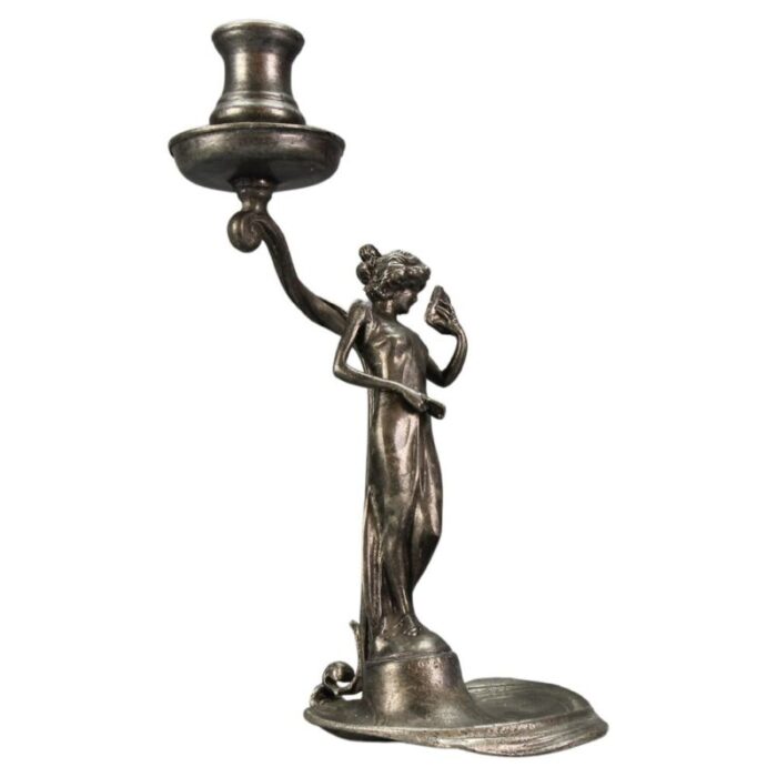 french art nouveau pewter candlestick with lady sculpture 1920s 1