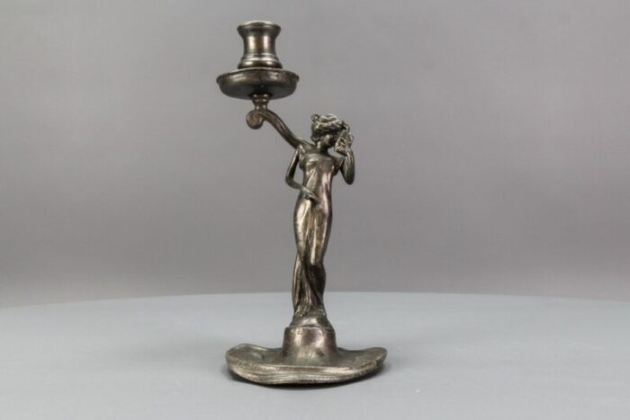 french art nouveau pewter candlestick with lady sculpture 1920s 10