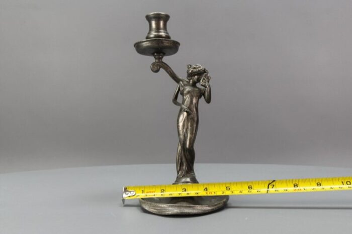 french art nouveau pewter candlestick with lady sculpture 1920s 12