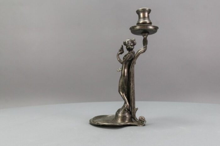 french art nouveau pewter candlestick with lady sculpture 1920s 14