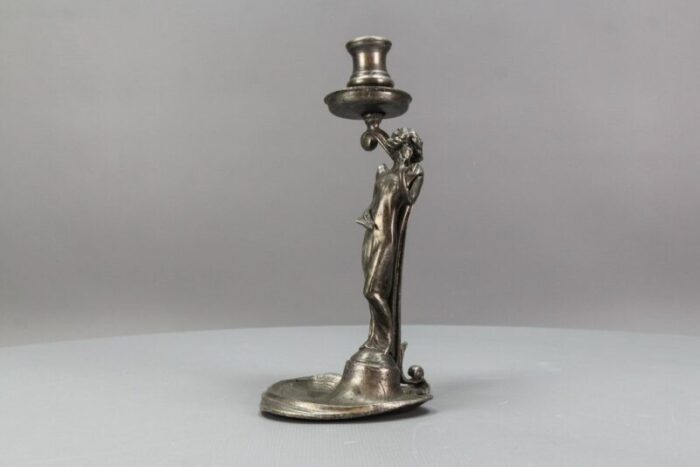 french art nouveau pewter candlestick with lady sculpture 1920s 15