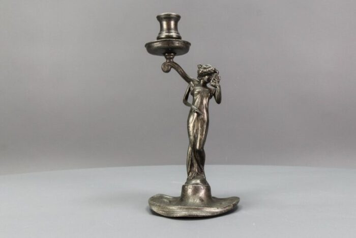 french art nouveau pewter candlestick with lady sculpture 1920s 16