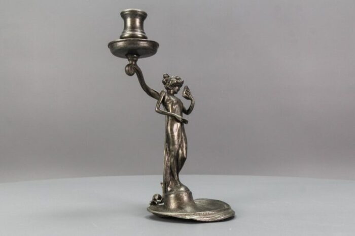 french art nouveau pewter candlestick with lady sculpture 1920s 2