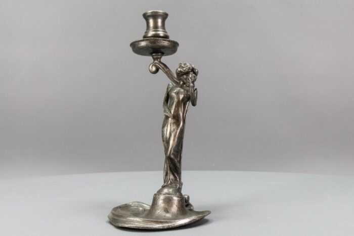 french art nouveau pewter candlestick with lady sculpture 1920s 20