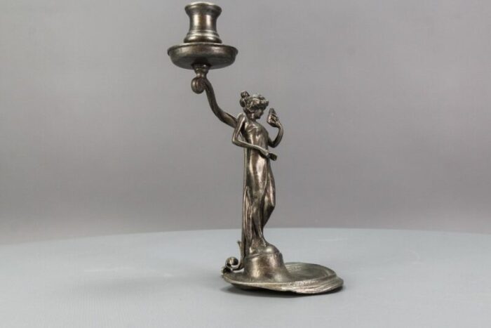 french art nouveau pewter candlestick with lady sculpture 1920s 3