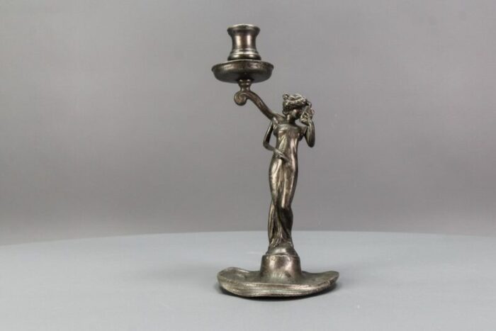 french art nouveau pewter candlestick with lady sculpture 1920s 4