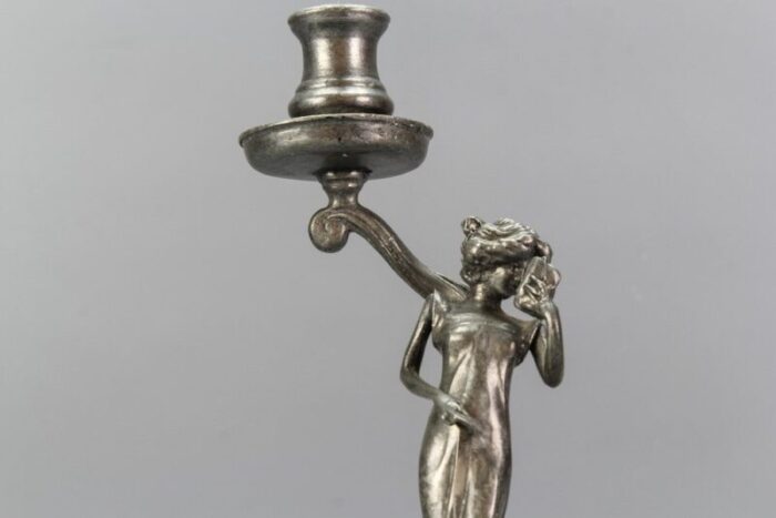 french art nouveau pewter candlestick with lady sculpture 1920s 5