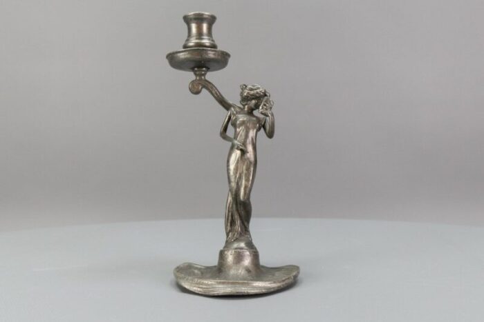 french art nouveau pewter candlestick with lady sculpture 1920s 6