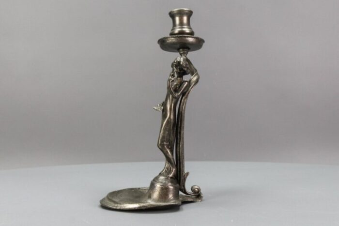 french art nouveau pewter candlestick with lady sculpture 1920s 7