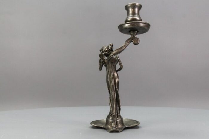 french art nouveau pewter candlestick with lady sculpture 1920s 8