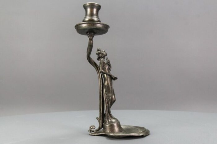 french art nouveau pewter candlestick with lady sculpture 1920s 9