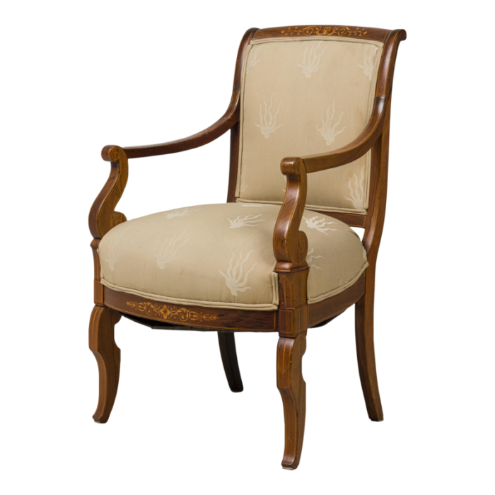 french charles x inlaid mahogany and walnut open armchair in beige upholstery 9762