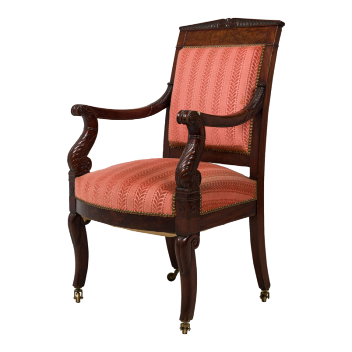 french empire armchair with red floral striped damask upholstery 5063