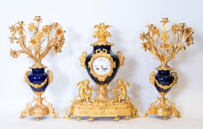 french gilt bronze and sevres porcelain clock set 19th century set of 3 5