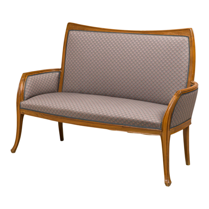 french louis majorelle art nouveau mahogany and blue patterned upholstered settee 5110