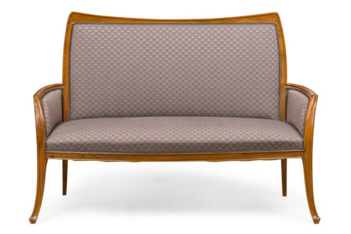 french louis majorelle art nouveau mahogany and blue patterned upholstered settee 6310