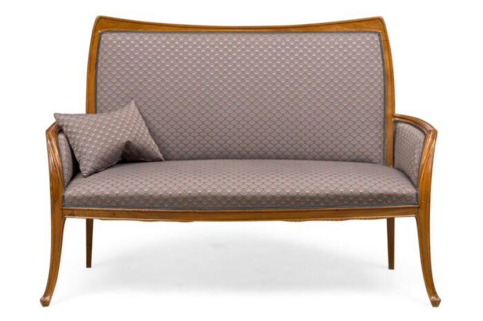 french louis majorelle art nouveau mahogany and blue patterned upholstered settee 9634