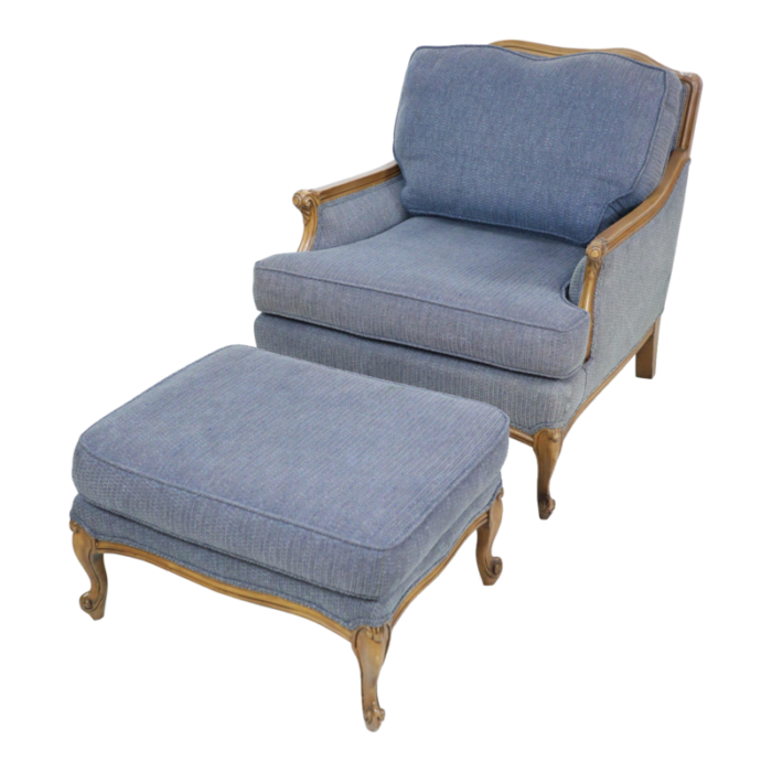 french louis xv style walnut and navy upholstered bergere and ottoman 2 pieces 2537