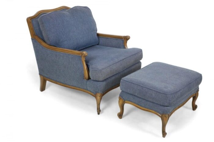 french louis xv style walnut and navy upholstered bergere and ottoman 2 pieces 5109