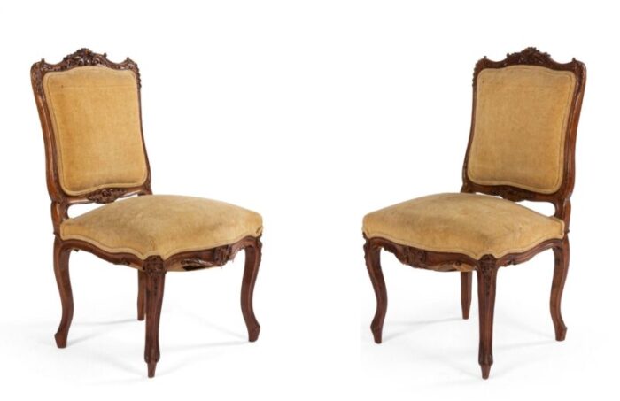 french louis xv velvet walnut side chairs a pair 4892