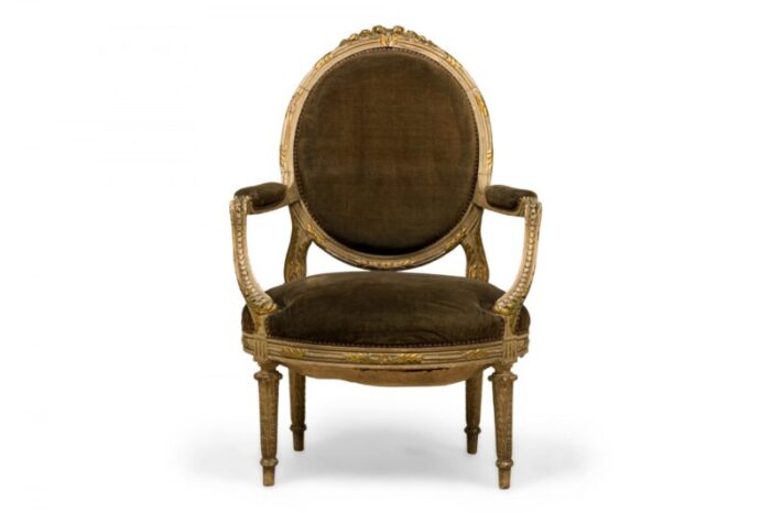 french louis xvi style oval back carved wood green velvet upholstered armchair 0501