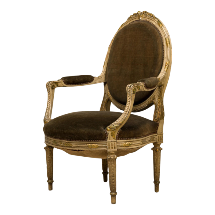 french louis xvi style oval back carved wood green velvet upholstered armchair 5995