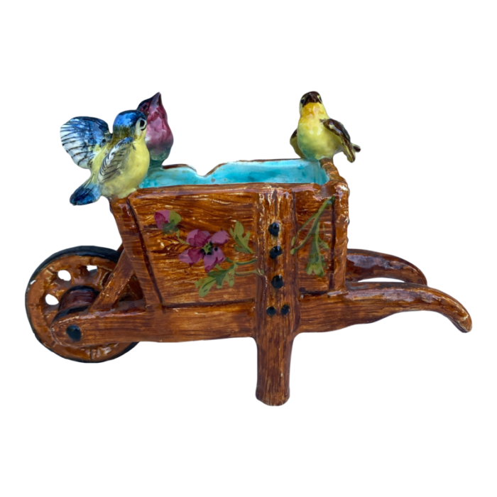 french majolica wheelbarrow jardiniere with birds signed jerome massier circa 1900 3584