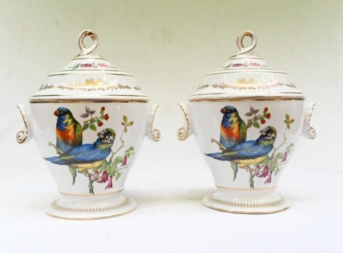 french sevres porcelain lidded pots with parrots set of 2 1