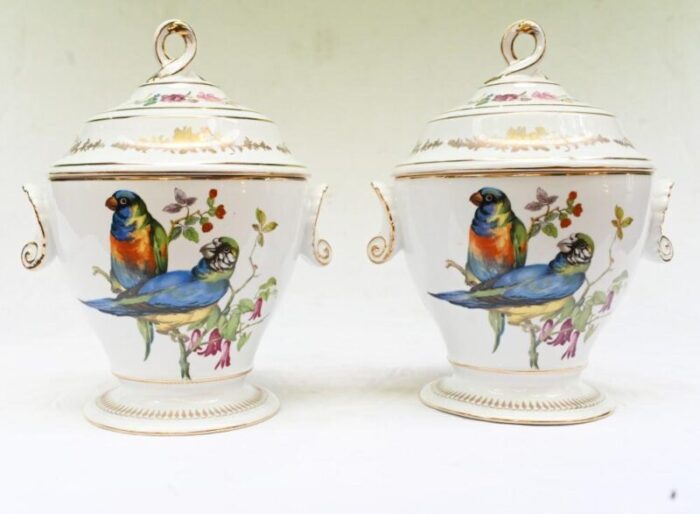 french sevres porcelain lidded pots with parrots set of 2 3