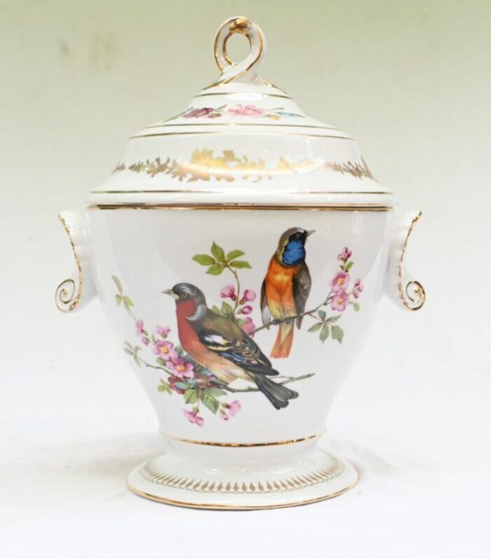 french sevres porcelain lidded pots with parrots set of 2 5