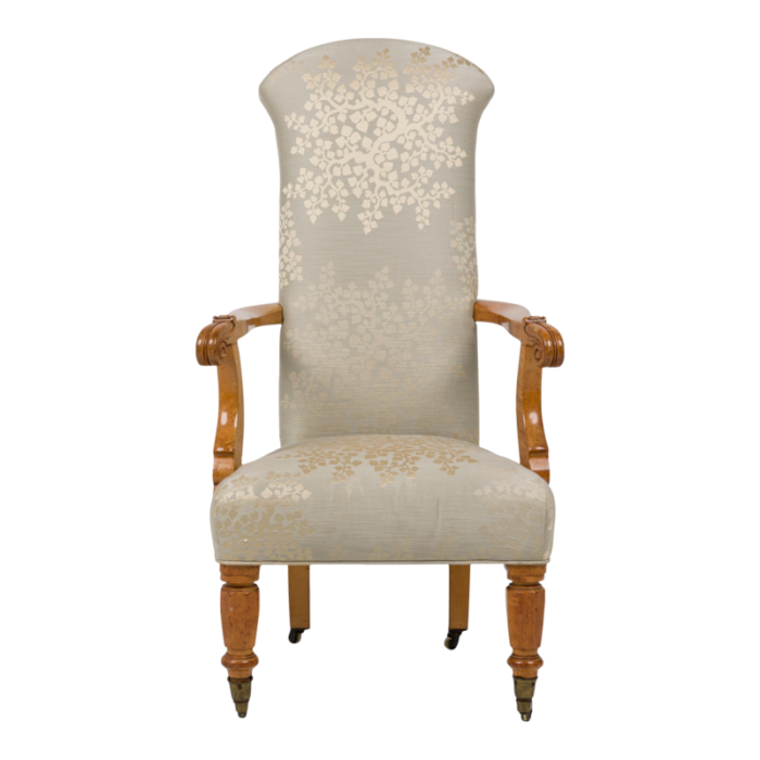 french victorian carved birds eye maple armchair with taupe floral damask upholstery 6130