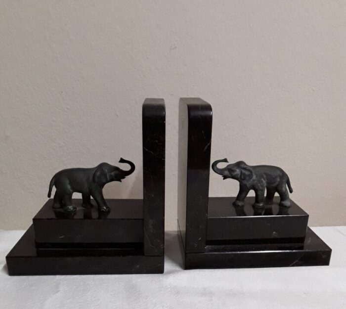 german art deco book supports in black and gray stone with green patinated bronze elephants 1930s set of 2 1