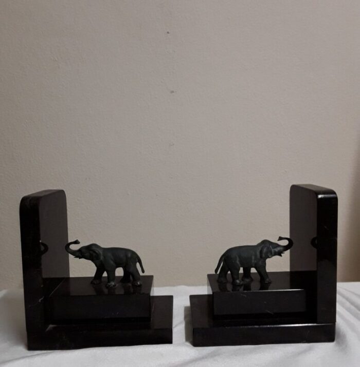 german art deco book supports in black and gray stone with green patinated bronze elephants 1930s set of 2 4